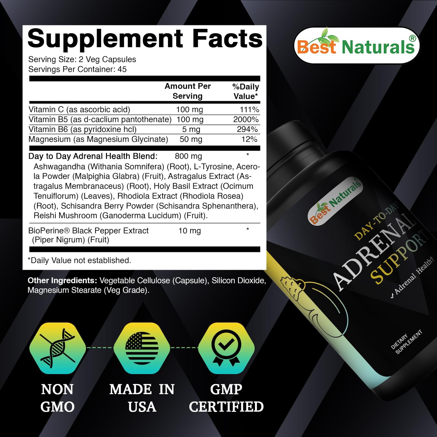Best Naturals Day-to-Day Adrenal Support Supplements - 90 Veg Capsules - Made with Ashwagandha, L-Tyrosine, Magnesium, Rhodiola & Holy Basil & Bioperine - Image 2