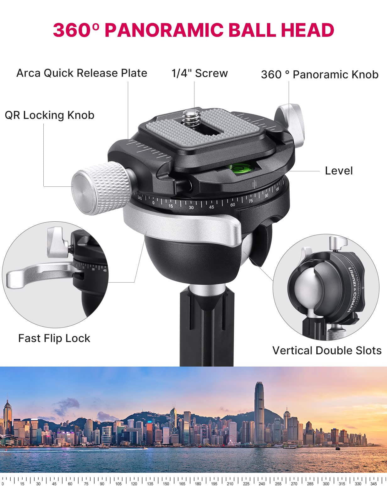 ULANZI Zero Y Stativ Kamera Carbon Fiber mit 360° Panoramakugelkopf und Arca Swiss, Leichtes Kamerastativ mit Abnehmbarer Mittelsäule für alle DSRL-Kameras, Belastbar bis 18 kg