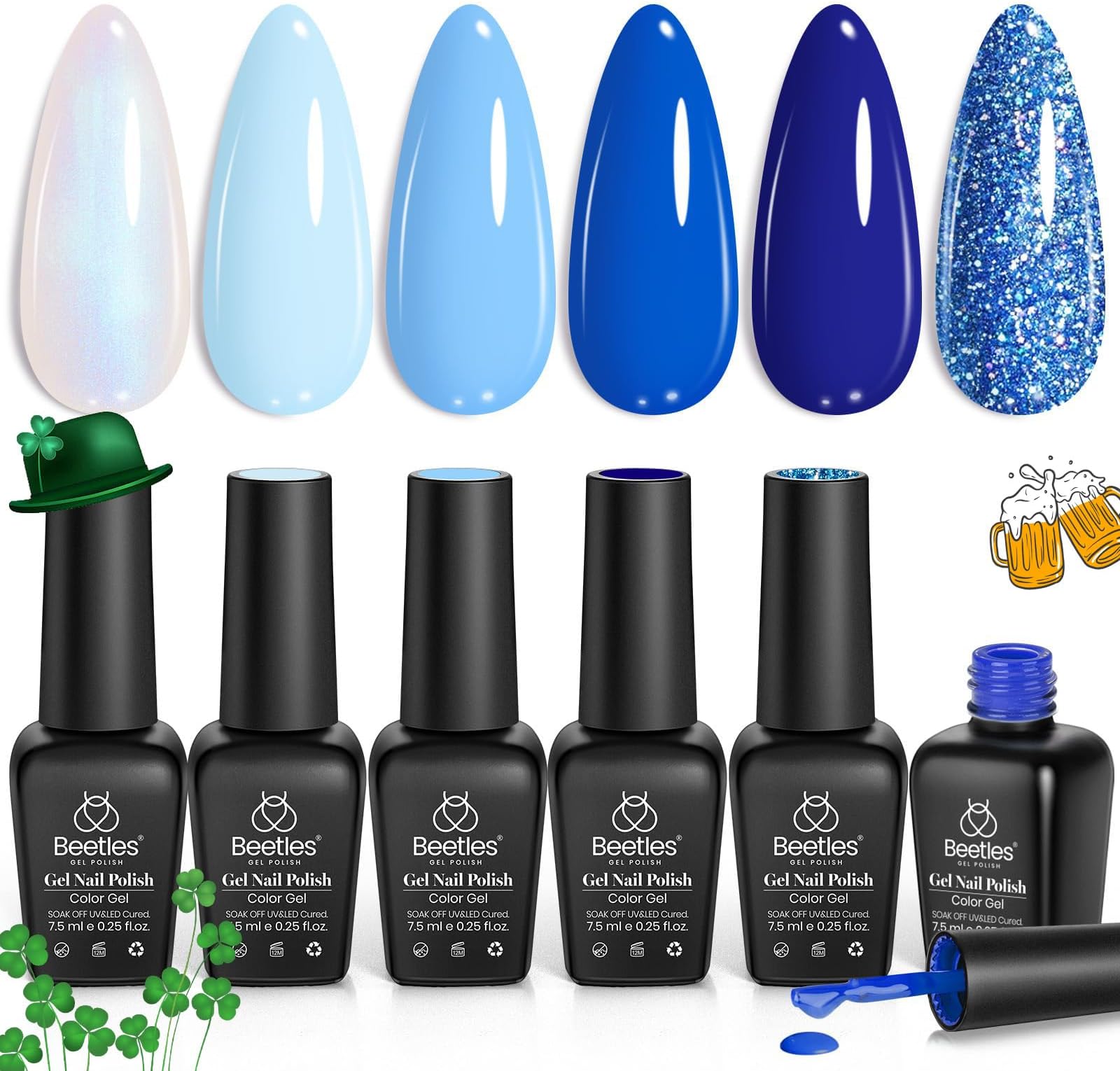 beetles Gel Polish Nail Kit, 6Pcs Blue Navy Nail Aquarius Holy Water Collection Fashionable Blue Shimmer Glitter Colors Nail Art Gift for Girls Women