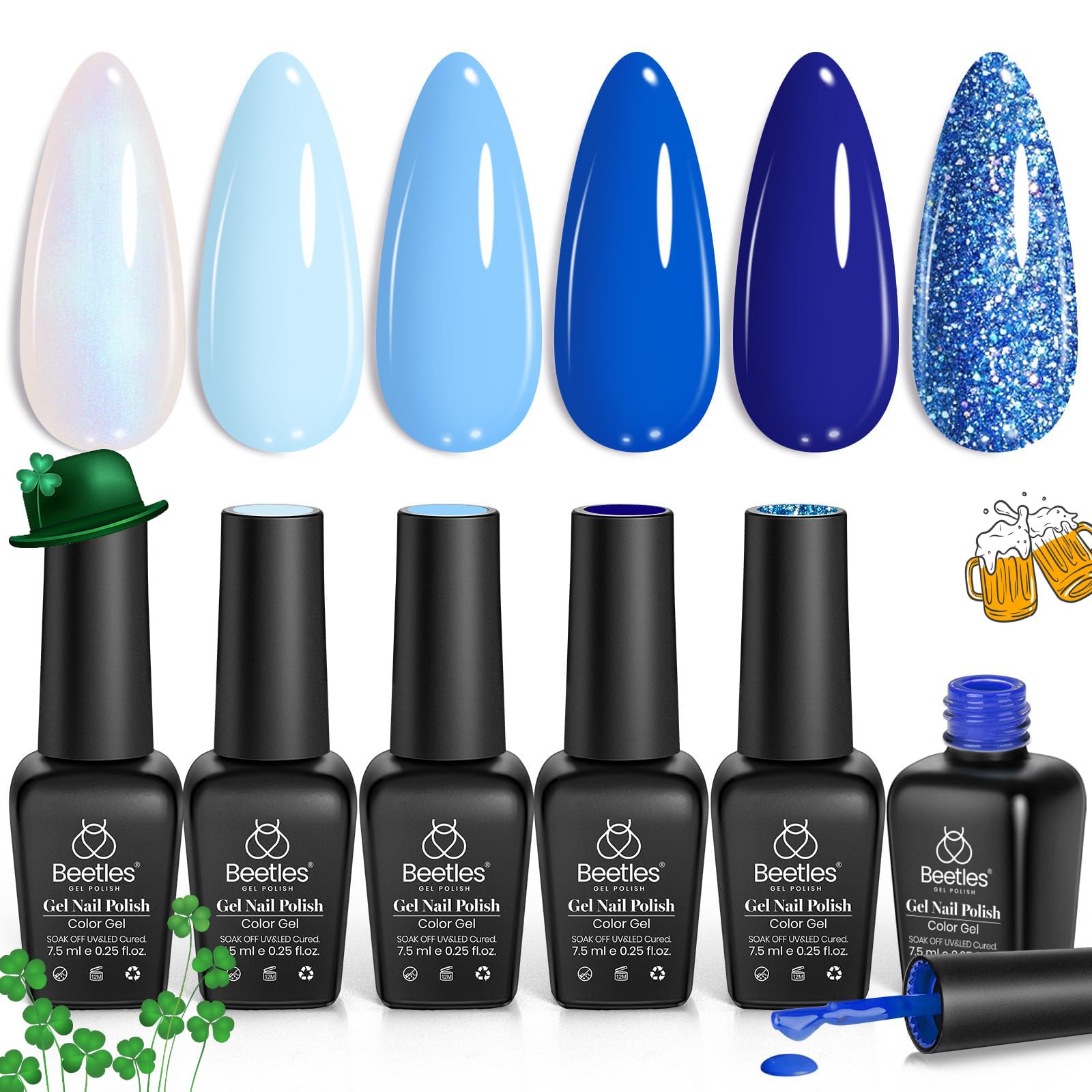 Beetles Blue Gel Nail Polish,6 Colors Baby Blue Glitter Aquarius Holy Water Collection Gel Polish Soak off Uv Led Lamp Nail Art Manicure Gifts for Women