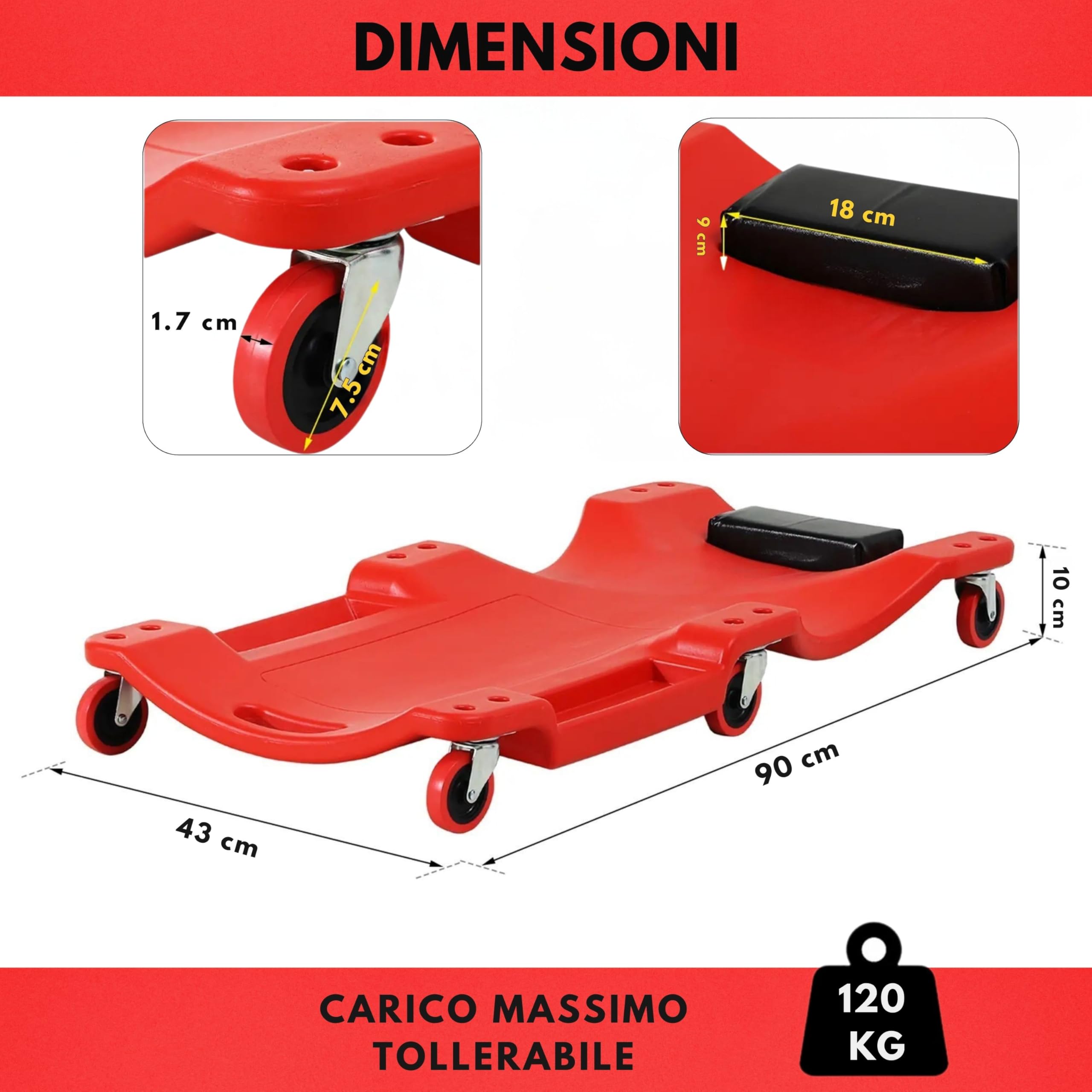 YASTA Carrello sotto Auto da Meccanico Auto Roll Sdraio Officina con Poggiatesta 90 cm Lettino Sottovettura Riparazioni con 6 Ruote