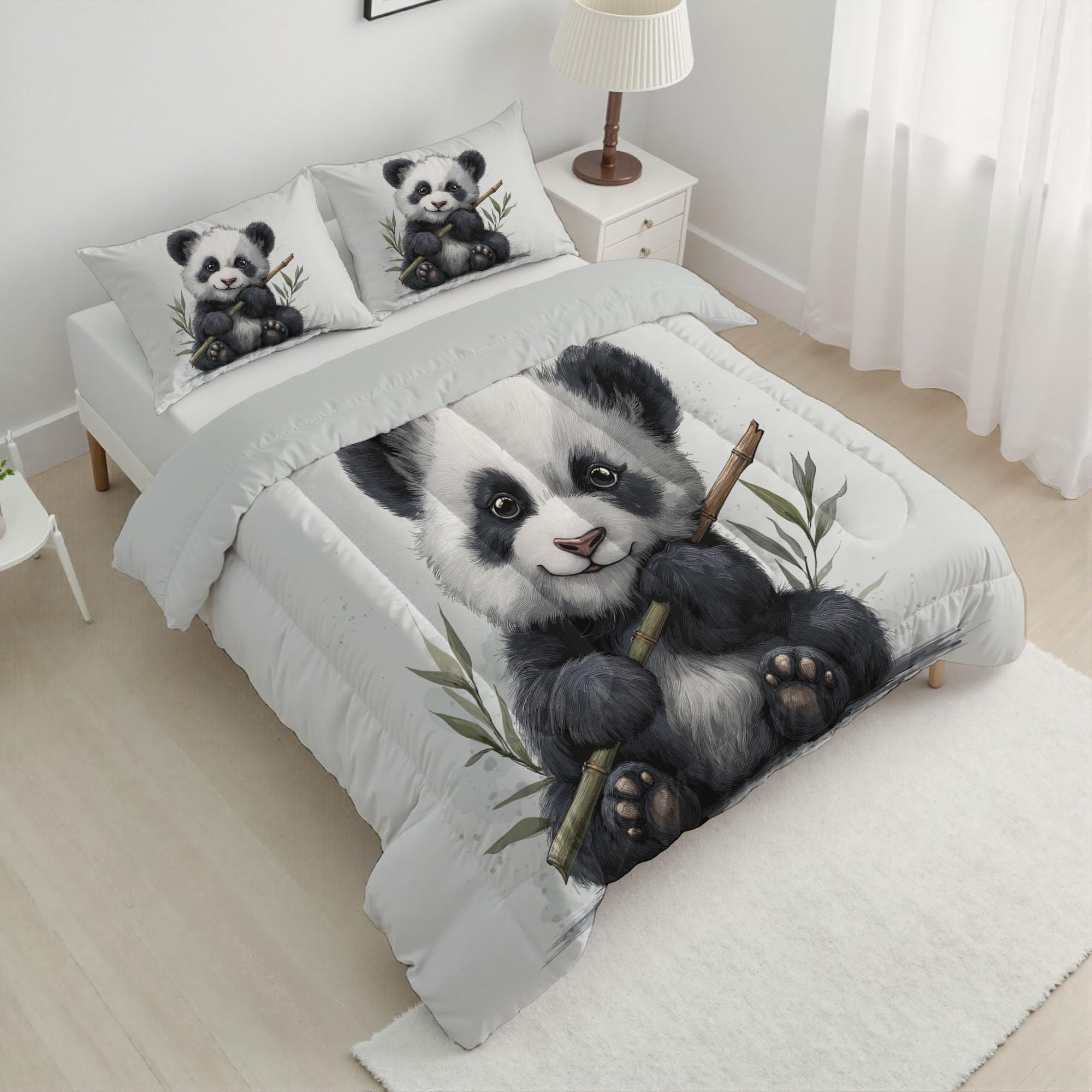 Trapunta Letto Singolo 4 Stagioni Piumone per Bambini, Cartone Animato Panda Bambù Leggero Carini Animali Set di Biancheria da Letto 140x200cm con 1 Federe,Piumino Lavabile In Lavatrice