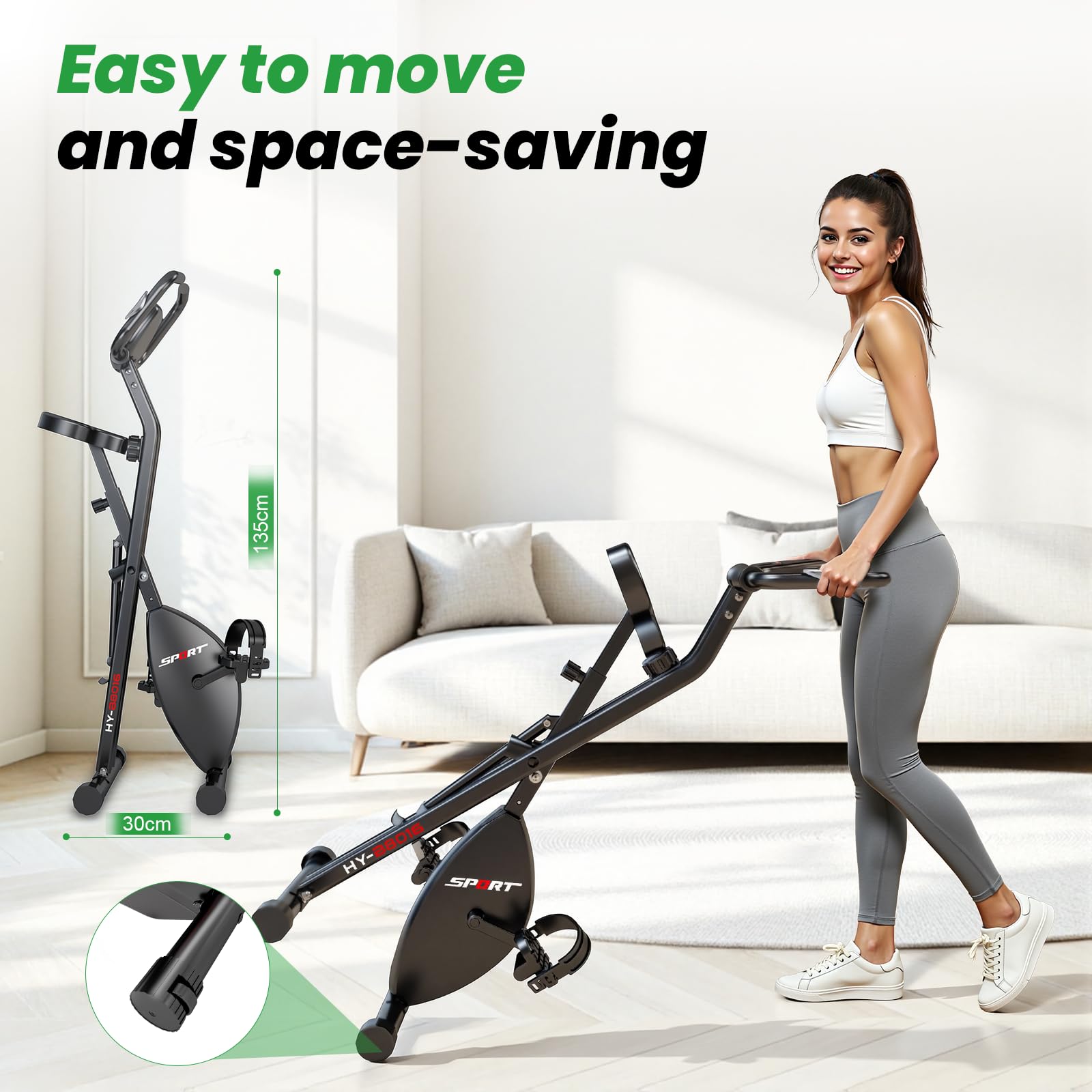 Bicicleta estática - Plegable 4 en 1 - con pantalla LCD y pulsómetro - 8 niveles de resistencia magnética - Capacidad de peso: 120 kg - Altura del sillín ajustable.