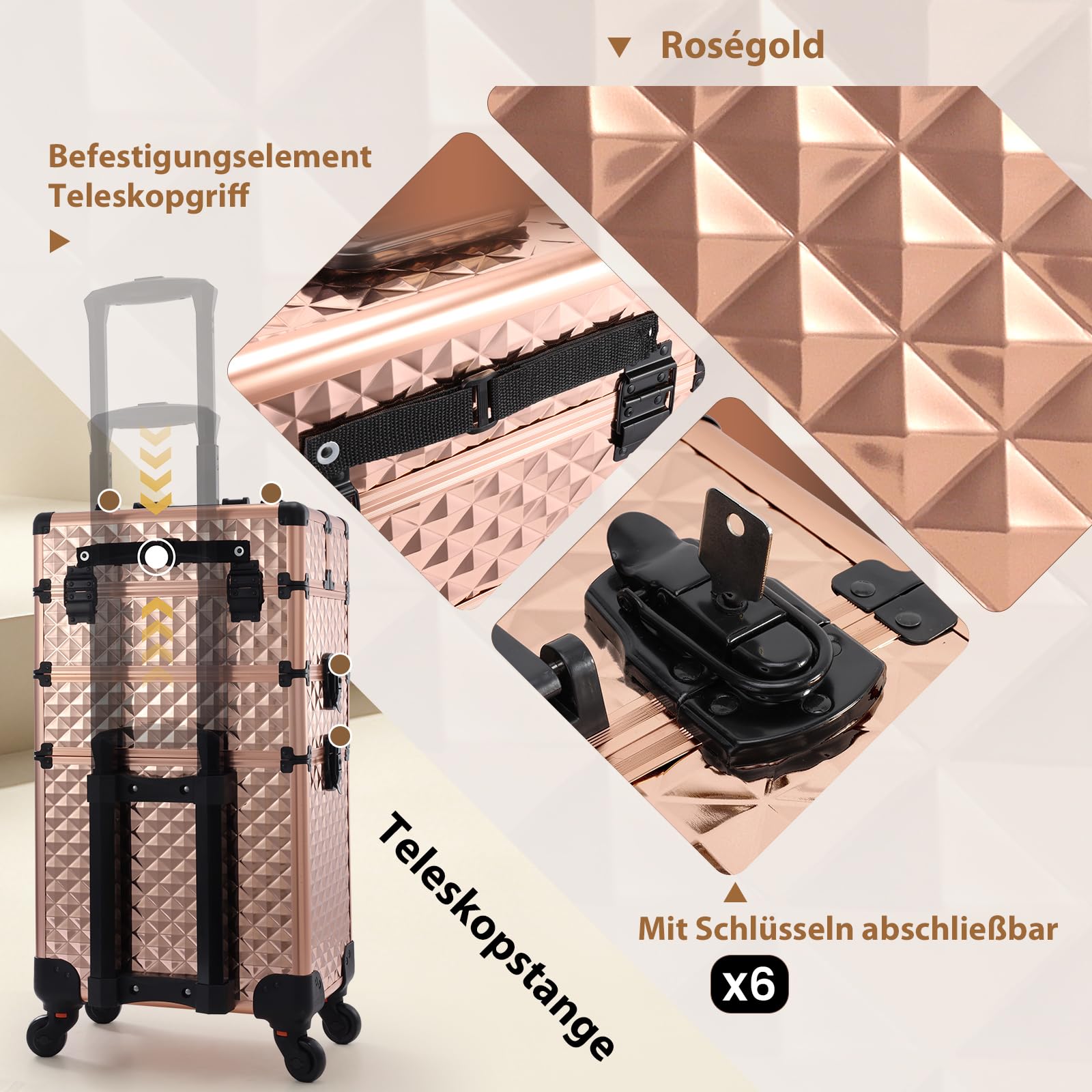 Kosmetik Trolley 3-in-1 Make up Koffer Kosmetikkoffer Schminkkoffer Groß Friseurkoffer mit Rollen Beauty Case Nagelkoffer Multikoffer, Rosegold