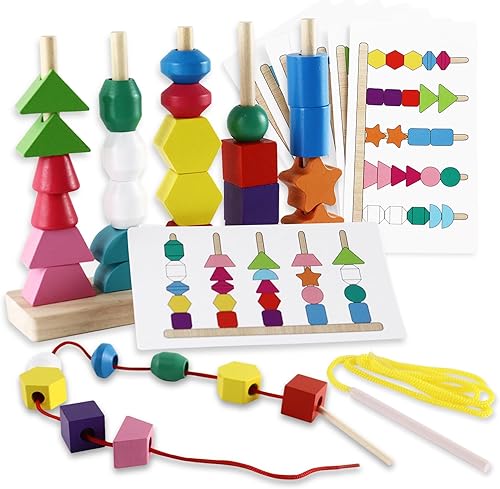 Montessori - Juego de juguetes de secuenciación de cuentas, bloques apilables de madera y cuentas de cordones y apilador de formas a juego, juguetes