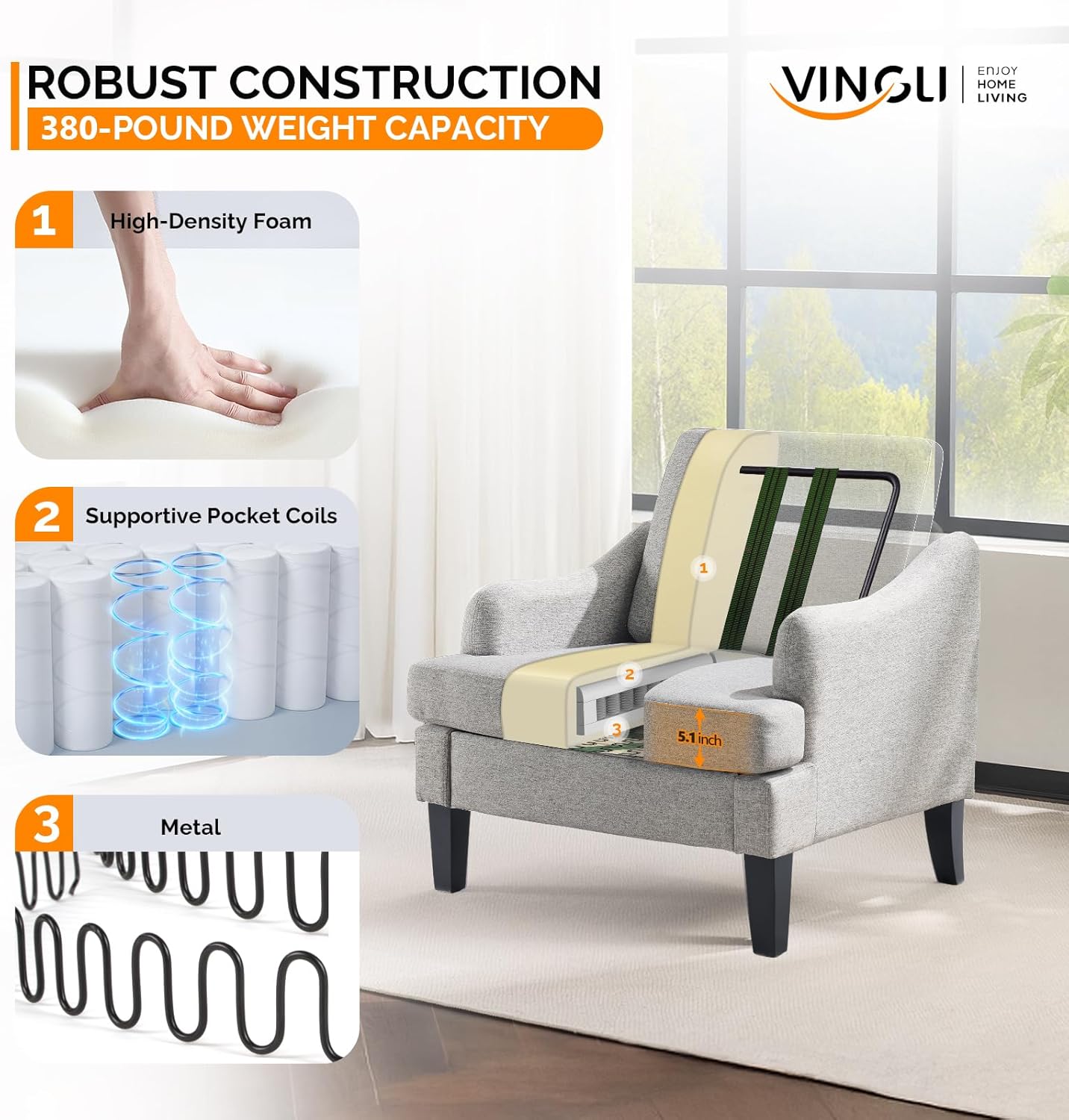 VINGLI Linen Fabric Accent Chairs Set of 2, Grey Modern Upholstered Armchair, Comfy Sofa Chair Living Room Bedroom Furniture for Apartment