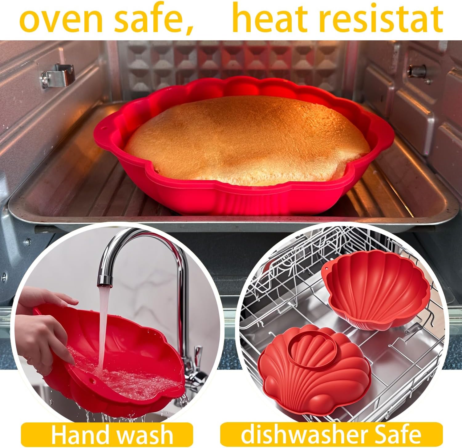 Silicone shell- Shaped Cake Pans 10 Inch Large shell Cake Pan Nonstick Silicone Molds for Baking Cake, Breads, Pies, Tarts, Jello (2 packs, Red)