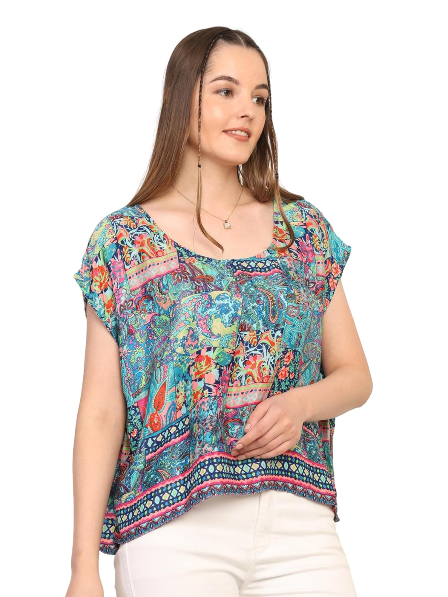 KE KANHA EXPORTS Over Size top|Tops for Woman|Boho Vibe Beach wear|Soft Silky Feel Border Print|V-Neck Half Sleeve Loose Fit|Multicolor|Easily fits M toXXL|Bust 32-40in Length 28in|Pack of 1-image-19