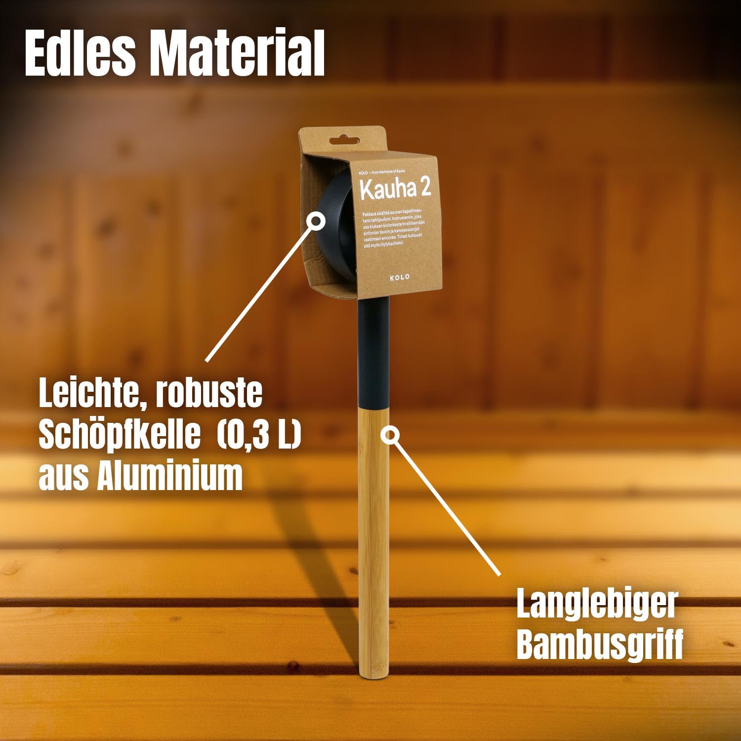 KOLO Kauha 2 Sauna Kelle 300 ml - Schwarzes Aluminium mit Bambusgriff 43 cm - Premium Saunakelle - Langlebig & ergonomisch - Für Aufgüsse und authentische finnische Saunakultur - Made in Finland