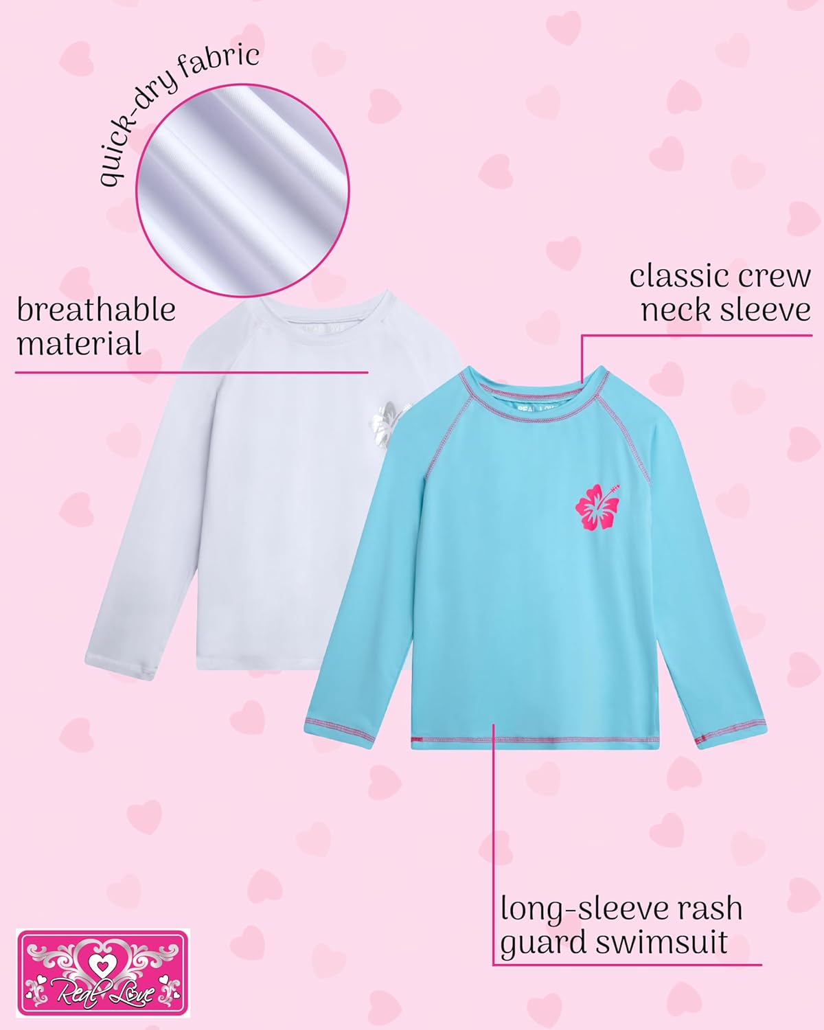 Real Love Toddler Girls Rash Guard - 2 Pack Quick Dry Sun Protection Girls Swim Shirt Long Sleeve Rash Guard Kids (2T-16) - Image 2