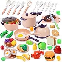 CUTESTONE 51-Piece Kids Play Kitchen Accessories - Pretend Cooking Playset with Pots, Pans, Utensils & Cutting Fruits Veggies for Toddlers Boys Girls