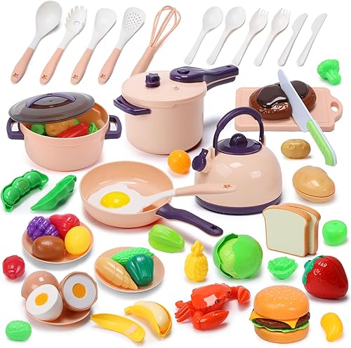 CUTE STONE Mini accesorios de cocina de 51 piezas para niños, juego de cocina de simulación con ollas, sartenes, utensilios, cortar frutas y
