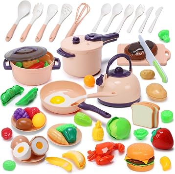 CUTE STONE 51PCS Mini Play Kitchen Accessories Toy for Kids Ages 3 + | Complete cooking playset with pots, pans, utensils, cuttable play food, fun role play set, ideal learning gift for kids 3+