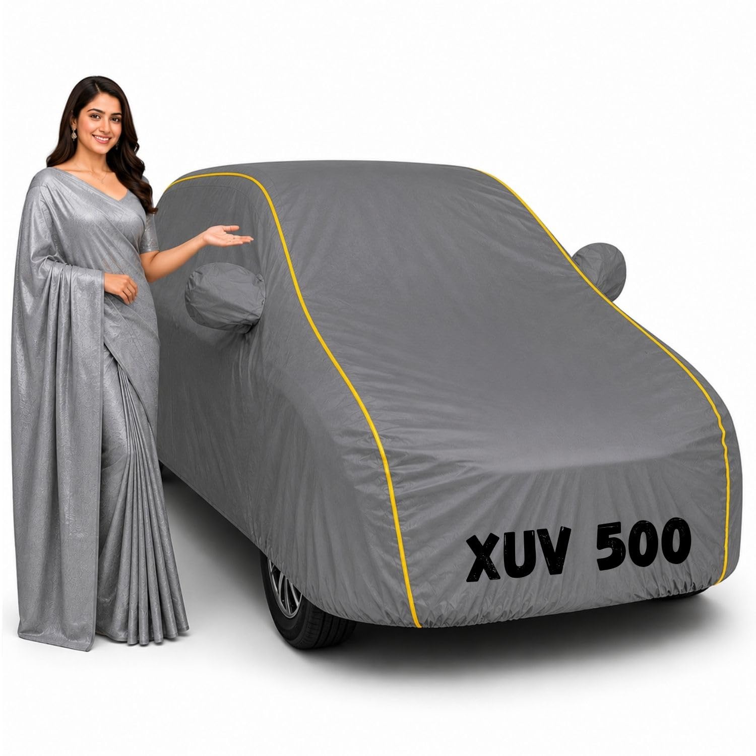 Waterproof Car Body Cover for XUV 500 All Weather Protection Comes with Inner Cotton Lining & Triple Stitched with Mirror & Antenna Pocket Belt & Elastic Fit Grey with Yellow Piping1-image-29