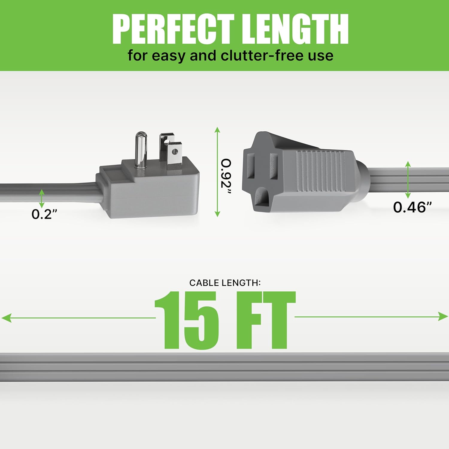 Heavy Duty Flat Extension Cord, 15 Ft Wire Gray Flat Plug Extension Cable for Air Conditioner, Refrigerator and Major Appliances 3 Prong Extension Cord, Indoor Use