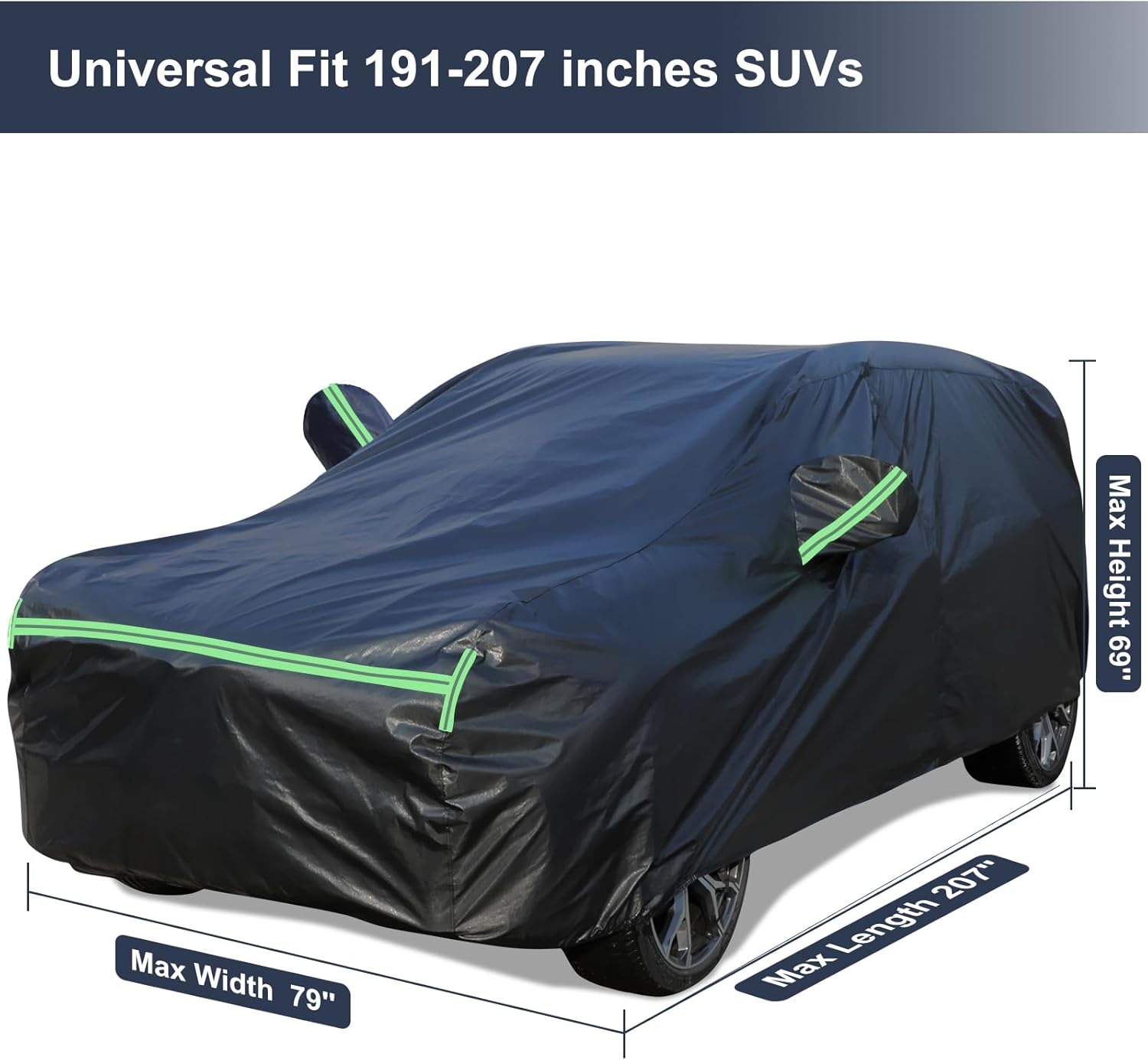 All-Weather Universal SUV Car Cover - 191-207 Inches, Waterproof, Sun Protection, Reflective Strips, Oxford Material