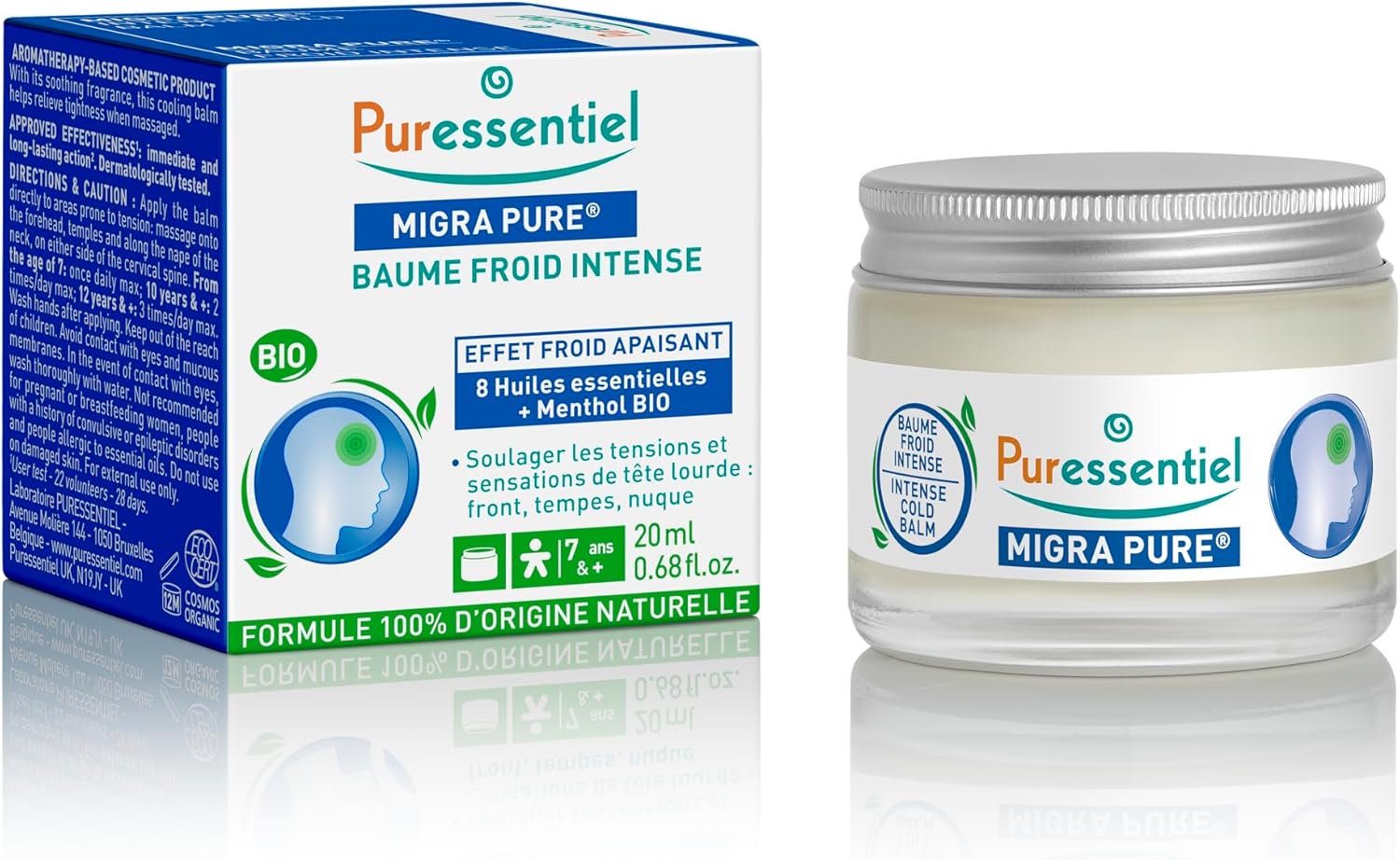 Puressentiel Headache Balm Migra Pure, Organic, Relief from Pain Caused by Tension Headaches, Instant Refreshing Effect, Natural Formula with 8 Organic Essential Oils, 20 ml