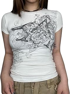 Yassiglia Women Y2K Vintage Graphic Tops Summer Short Sleeve Crew Neck Shirt Goth Punk Crop Top Slim Fit Baby Tees Grunge Aesthetic Clothes for Girls