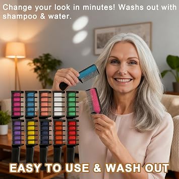 12 Colors Festive Fun Hair Chalk Combs, 2026 New Temporary Glitter Hair Colors Hair Chalk Combs, Festive Fun Hair Chalk combs, Washable DIY Hair Color Dye, Craft Kits for Girls Ages 6-12 (6 Colors)
