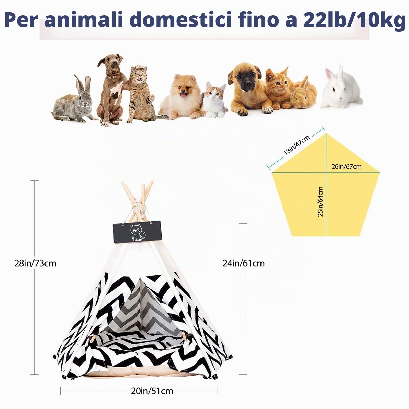 Tenda per Animali Domestici Cuccia 60x60x70cm in Tela Portatile per Cani e Gatti Rimovibile e Lavabile Pet Teepee Tipi con Lavagna Tende Gatti con Cuscino
