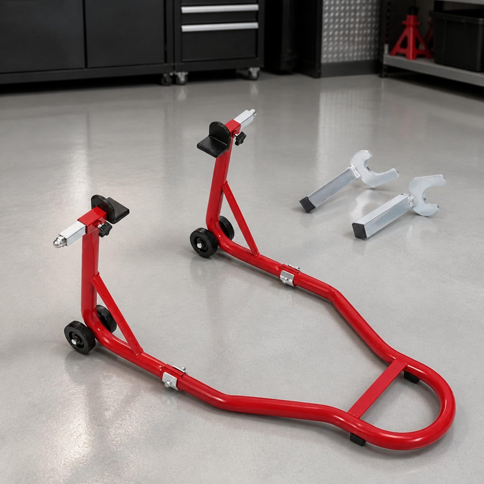 Support Re Motocyclte Stable Béquille Paddock Cadre Tubulaire Pratique Support Motocyclte à Rltes pr Garage, Rouge, Roue Avant