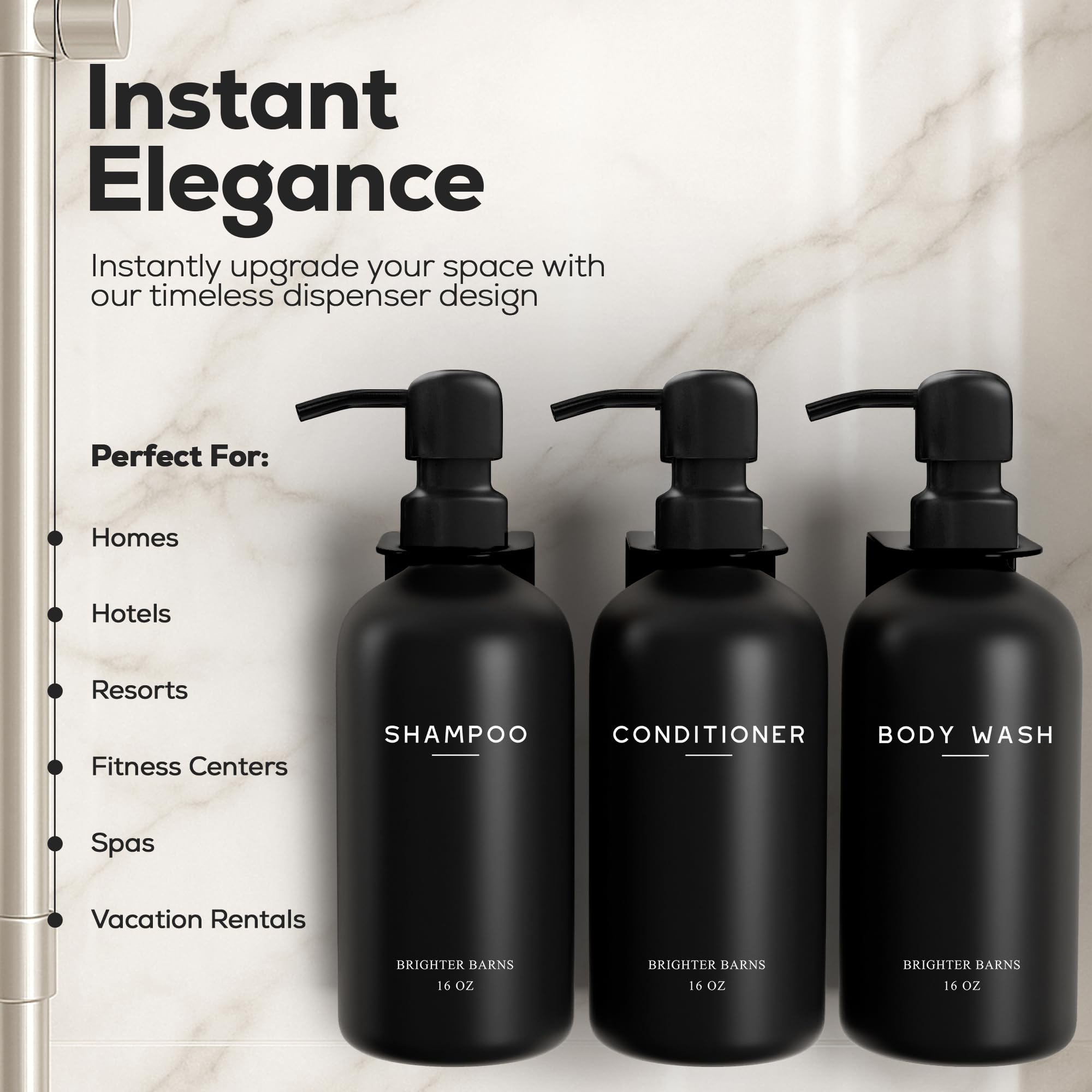 Brighter Barns Shampoo- und Conditioner-Spender-Set, Wandmontage, 3 Kammern, kein Bohren, Shampoo-Flaschen für Duschwand, nachfüllbarer Kunststoff-Duschseifenspender für Airbnb, Wohnmobil, Hotel