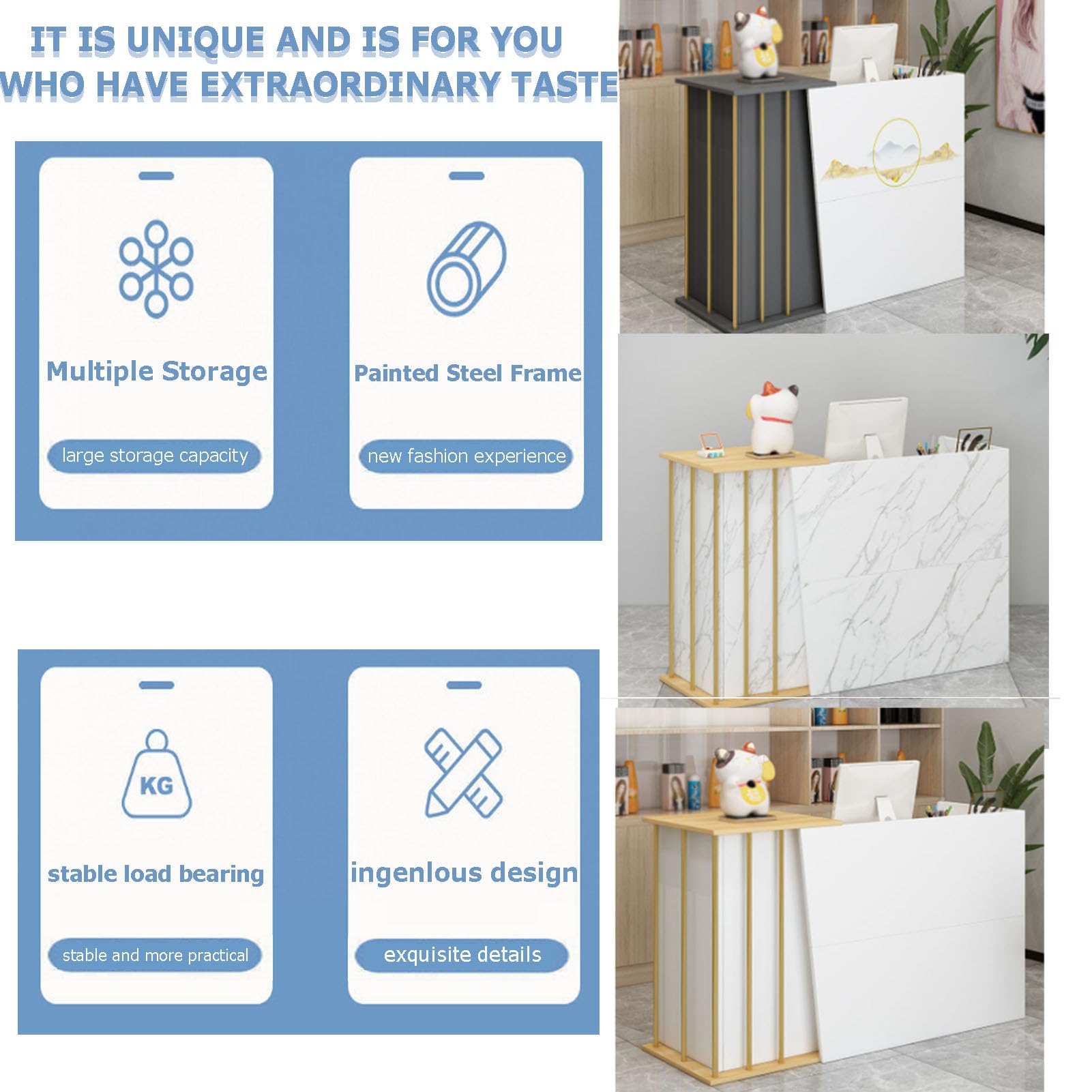 Comptoir de magasin avec tiroirs, bureau de réception pour entreprises et restaurants, noir et blanc, dimensions : 100 x 40 x 90 cm, station de paiement polyvalente pour vente au détail et hôtellerie