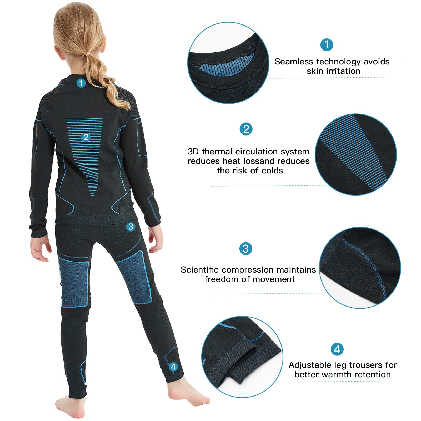 NOOYME Intimo Termico Bambino Biancheria Intima Termica Bambina Pantaloni e Maglia Termica Traspirante Asciugatura Rapida per Sci Corsa Calcio