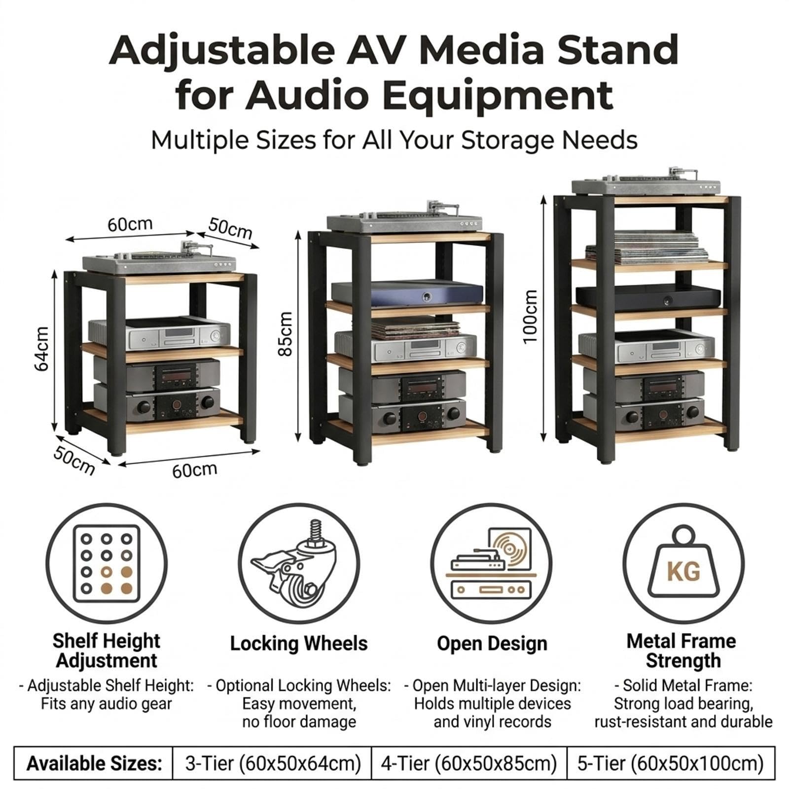 HiFi Rack mit Rädern, Hifi Regal aus Holz & Stahl, Verstellbaren Ablagen