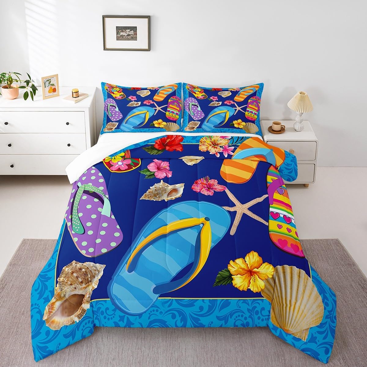 Homewish Teens Colorful Flip Flop Comforter Set Queen Size,Starfish Shell Bedding Set for Kids Boys Girls Bedroom Decoration,Ocean Beach Bed Duvet Insert,Summer Cool Comforter with 2 Pillowcases