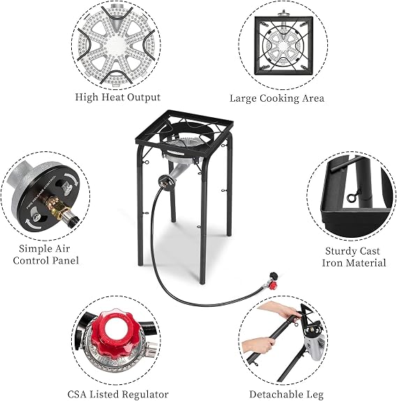 ROVSUN High Pressure 200,000 BTU Propane Gas Stove Single Burner for Outdoor Cooking Home Brewing Turkey Fry, Powerful Camping Cooker with Adjustable Regulator & Removable Feet