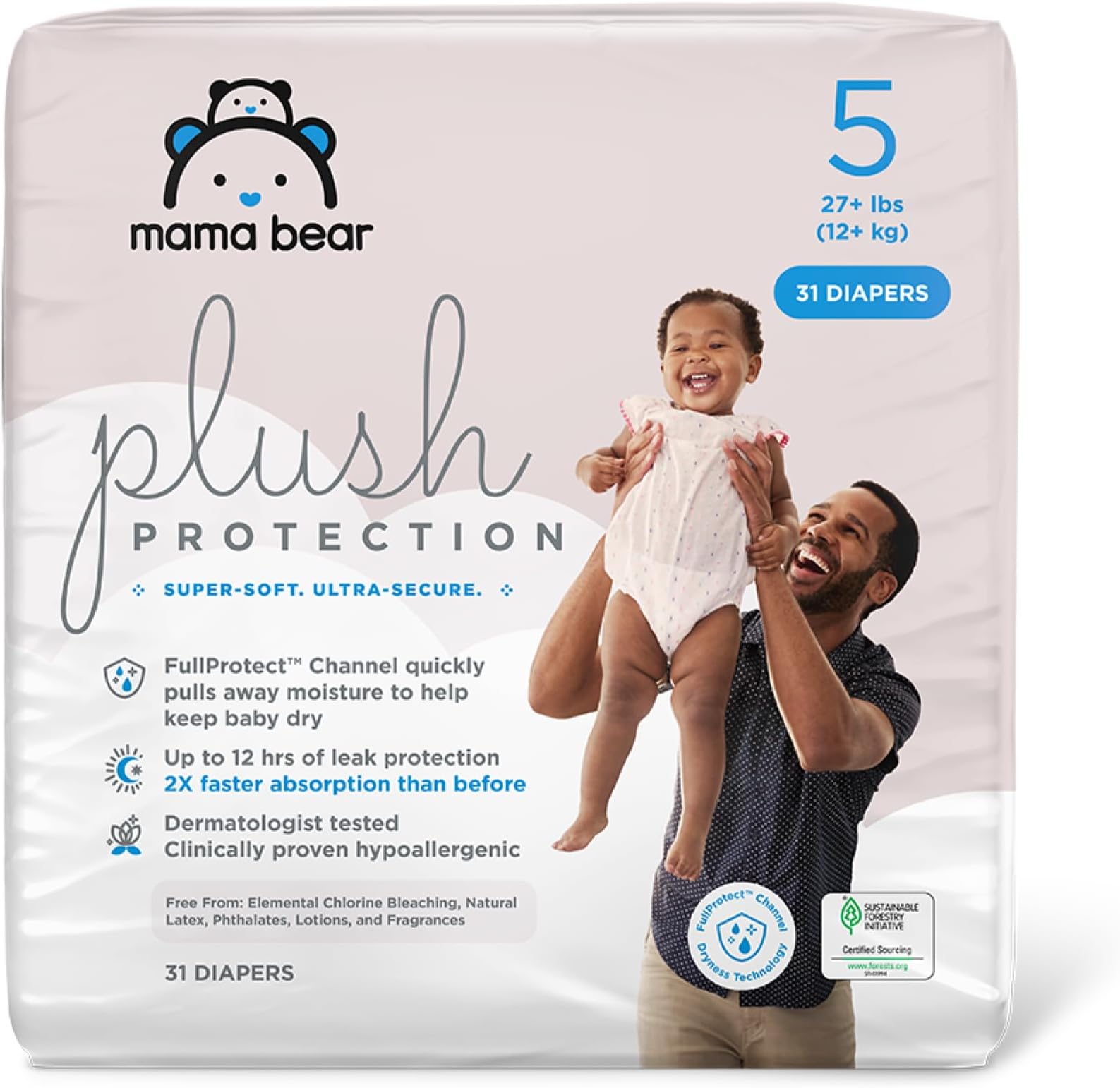 Amazon Brand - Mama Bear Plush Protection Diapers, Hypoallergenic Premium Disposable Baby Diapers, Gentle on Skin, Size 5, White and Cloud Dreams, 31 Count
