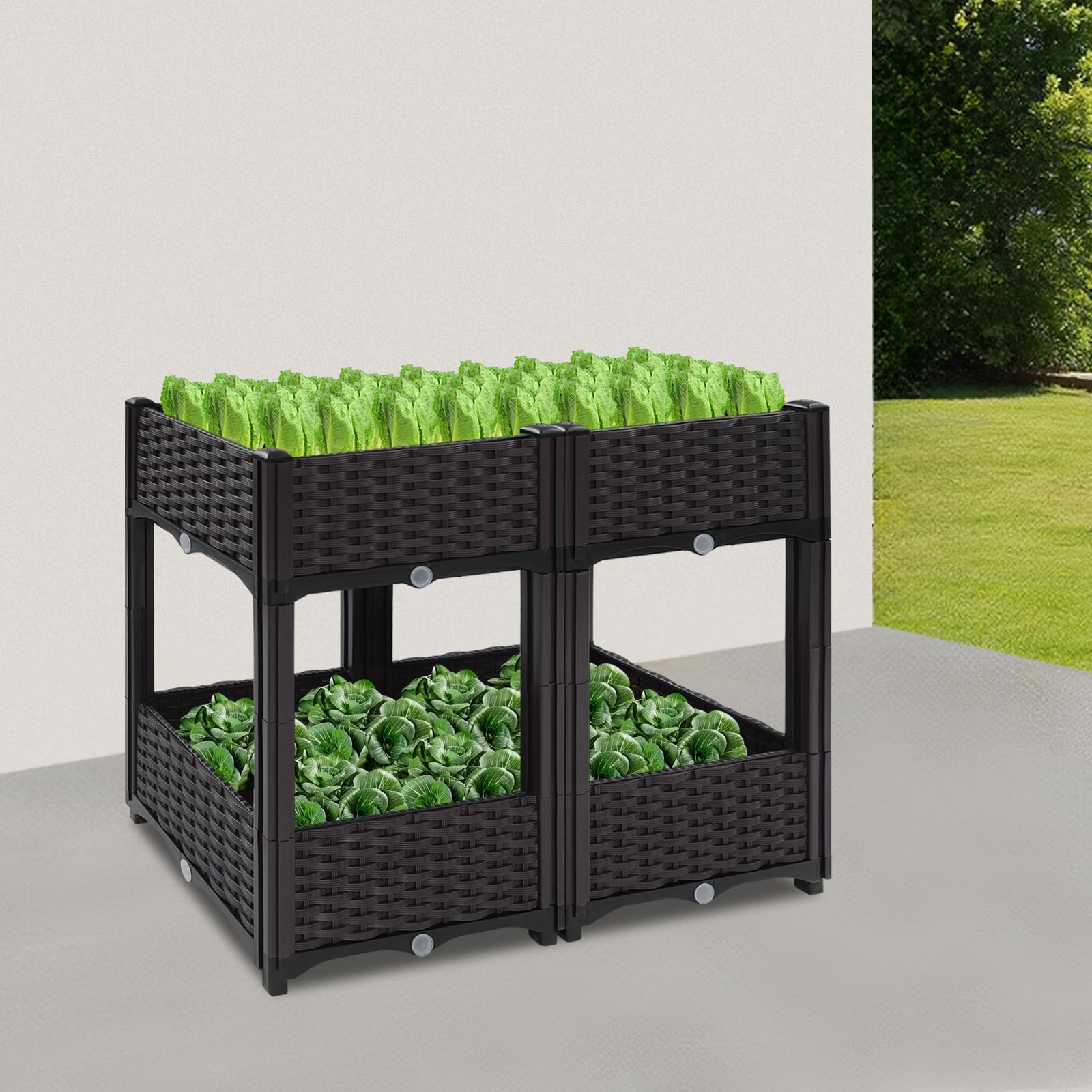 Vaso da fiori effetto rattan, 2 ripiani, 4 scatole, per esterni, rettangolare, profondità interna 15 cm, per giardini, balconi, terrazze, 80 x 40 x 67 cm