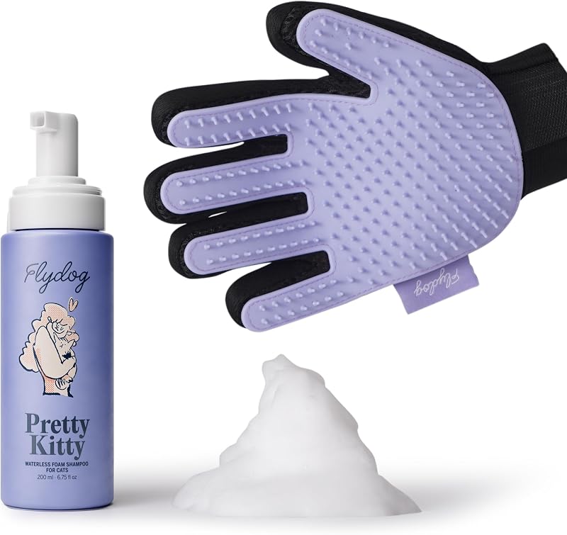 Shampoo a Seco para Gatos Flydog com Luva de Higiene, Espuma em Spray sem Enxágue e Ácido Hialurônico