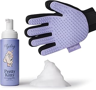 Pretty Kitty - Champú seco para gatos sin agua con guante de aseo – sin enjuague, seguro para las lamidas, hidratante para piel seca, caspa, despellizamiento, espuma en aerosol de jabón para gatitos, suministros de baño y limpieza