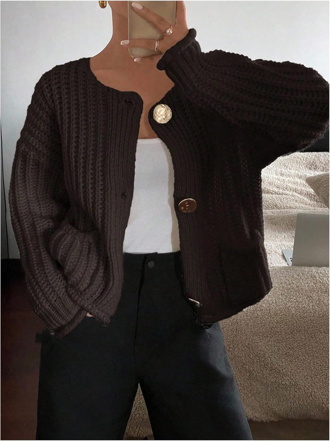 Women's Button Down Knit Cardigan Long Sleeve Crewneck Sweaters Outerwear Fall Aesthetic Outfits - Image 3