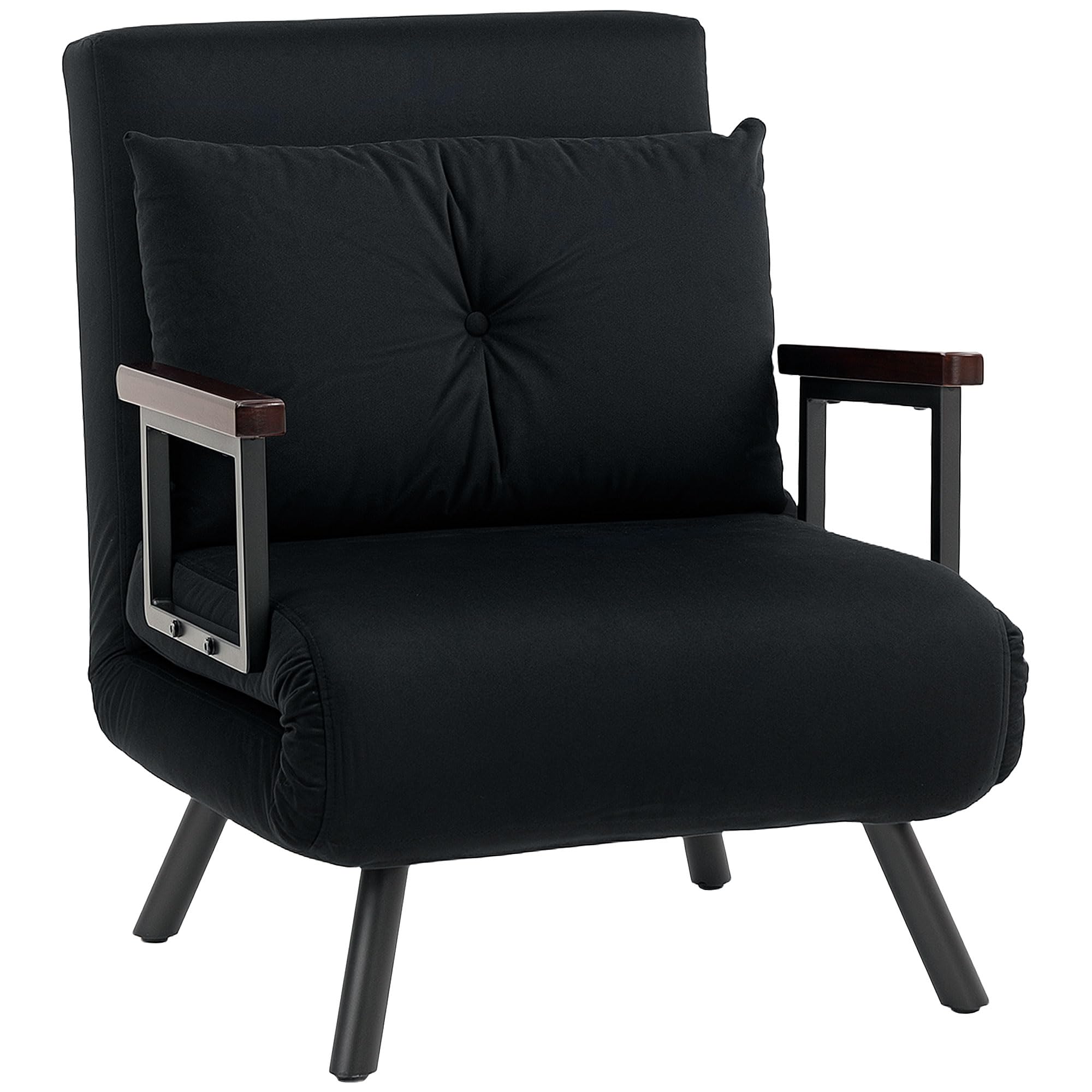 HOMCOM Single Chair Bed, Click Clack Convertible Bed Settee, Modern Velvet Feel Fabric Chair Couch with 1 Tufted Cushion, Wood Armrests, for Living Room, Bedroom, Guest Room, Black