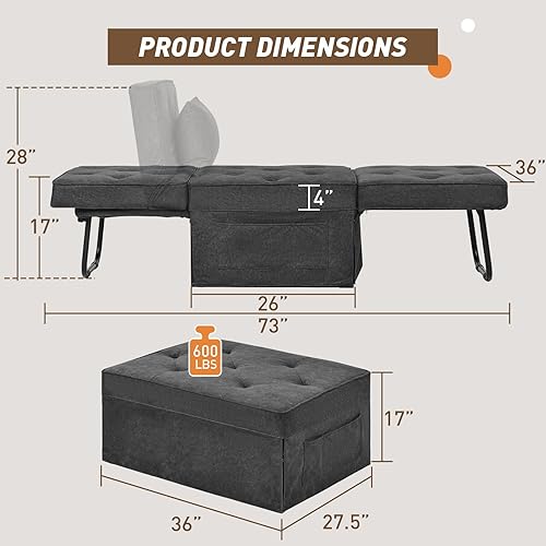Miniatura 10 de Sofá cama convertible, cama otomana plegable multifunción 4 en 1 con respaldo ajustable, moderna silla extraíble para sala de estar, apartamento,