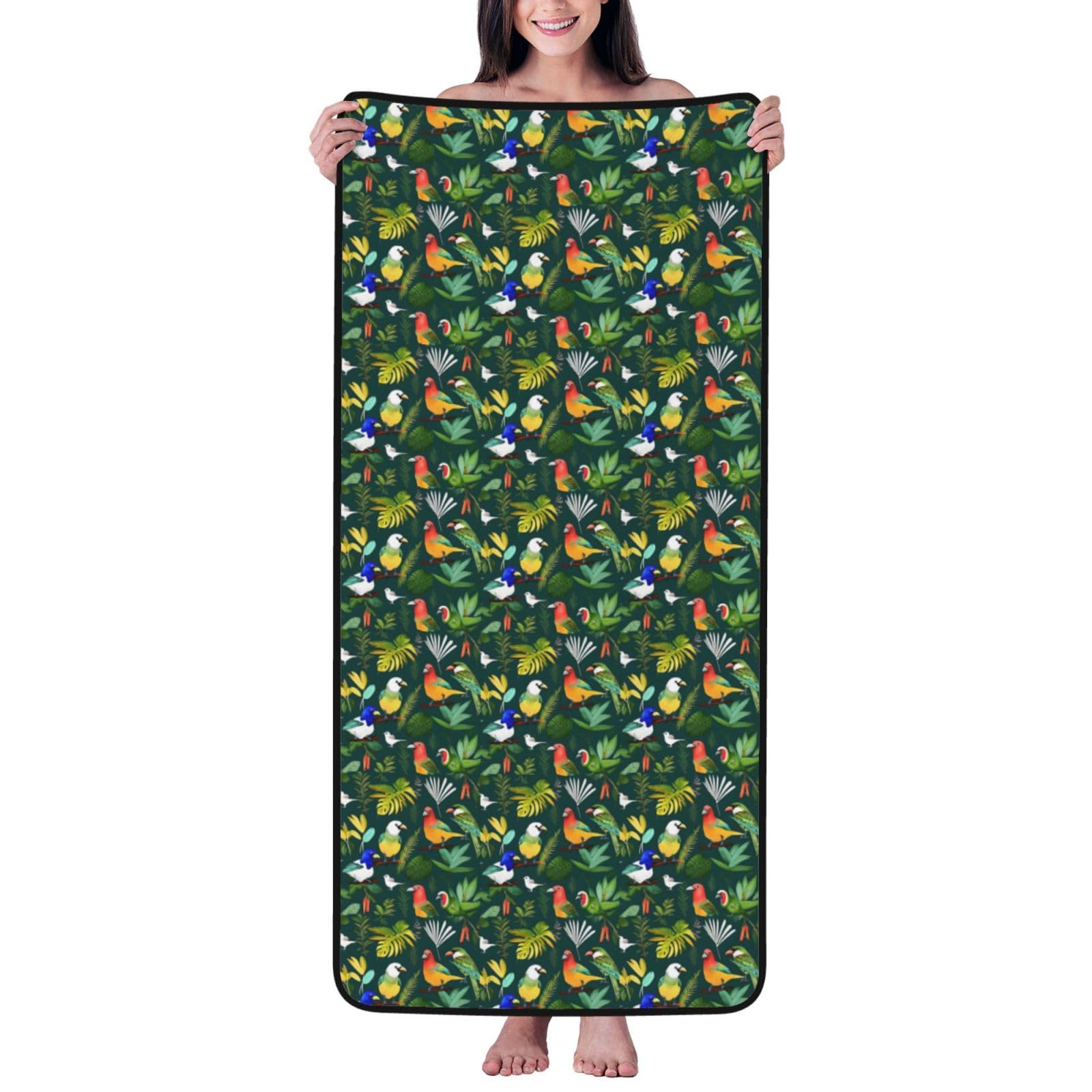 Nimongt Unisex Black Tropical Birds And Plant Leaf Print Lightweight Comfort Coral Velvet Bath Towel Home Bathroom Hotel Spa Beach Travel