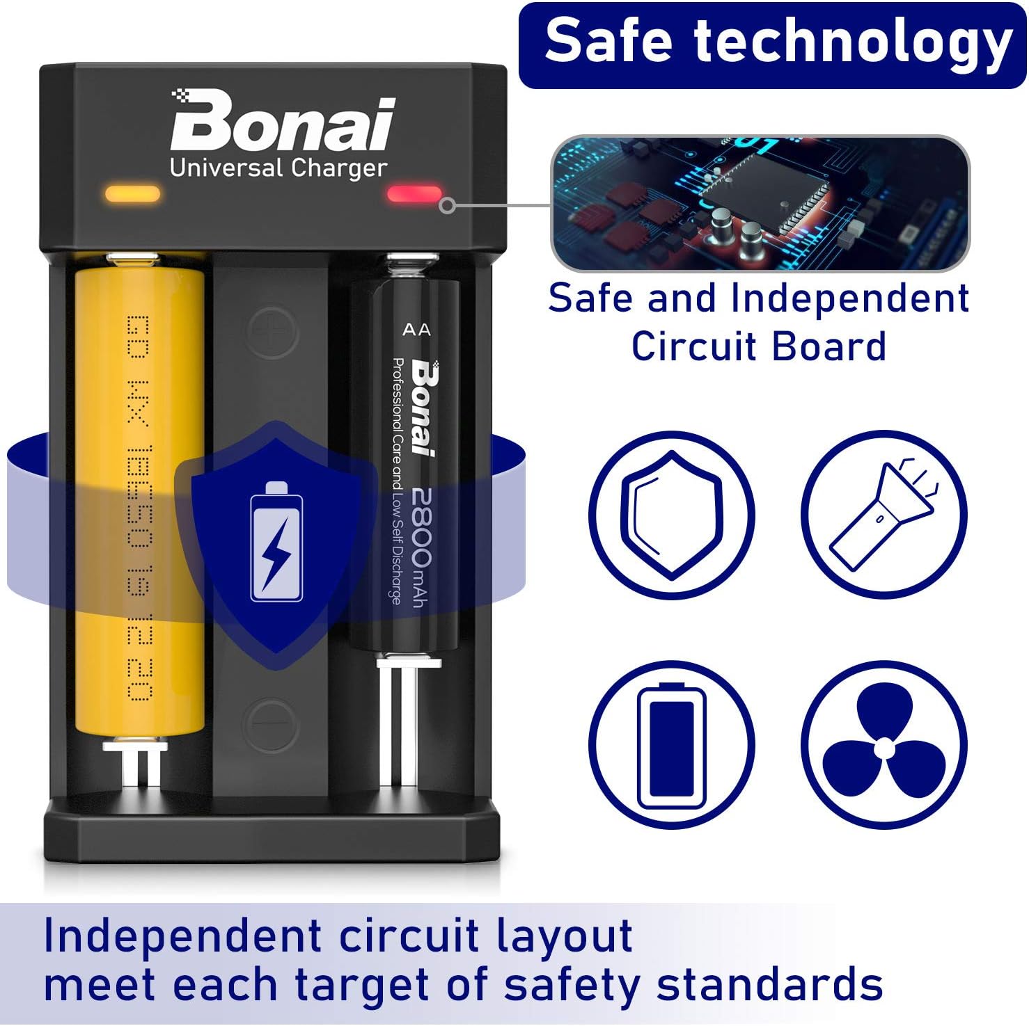 BONAI Universal Battery Charger highlighting safe and independent circuit board design.