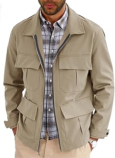 Mens Safari Jacket Military Full Zip Cargo Jacket Windproof Multi Pocket Outdoor Field Coat