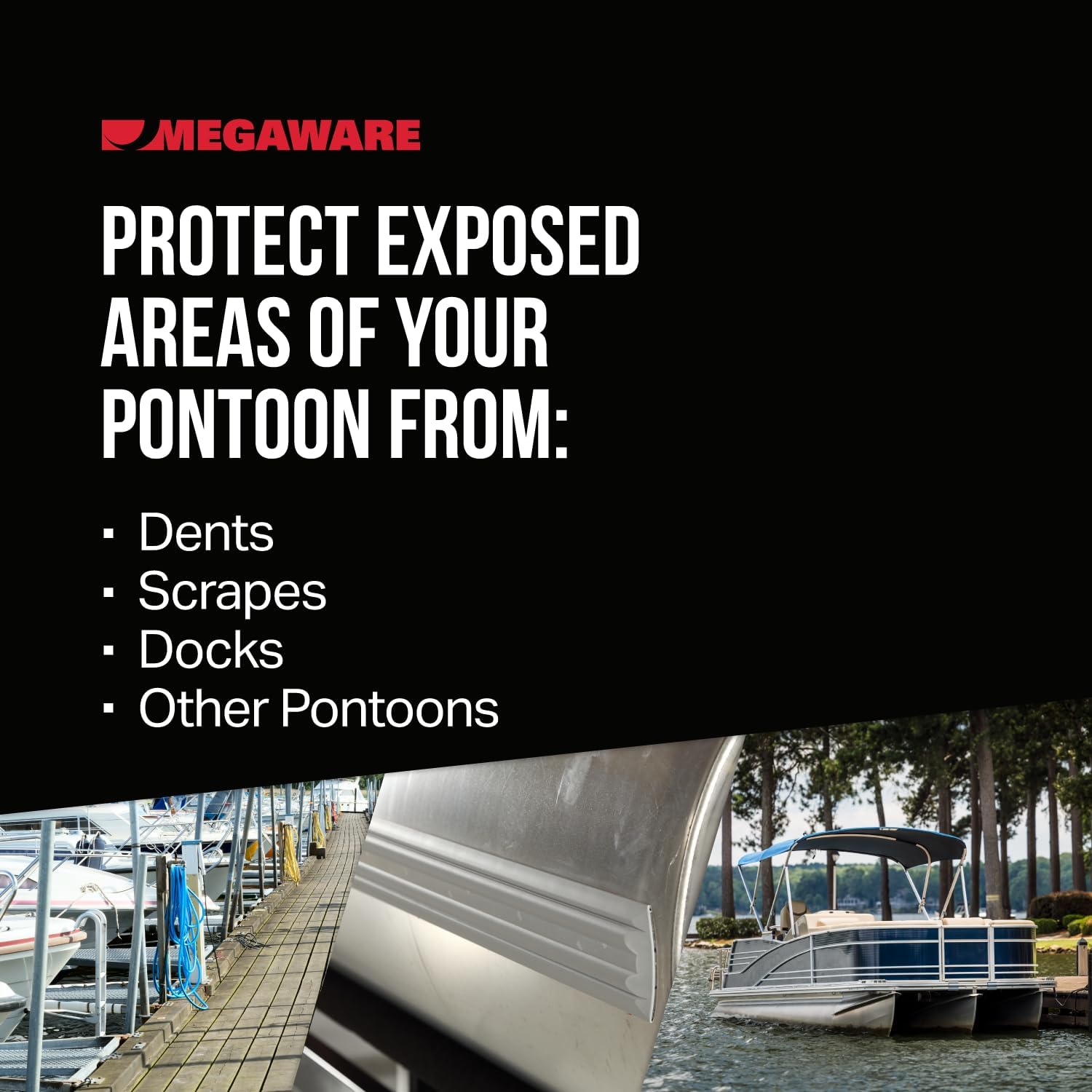MEGAWARE KEELGUARD PONTOONGUARD - USA Made, Protects Pontoon Tubes Against Damage; Reflective Safety Strip Enhance Night Visibility; Log Bumper Guard; 3.5" Wide; 32ft Kit - Pontoons Up to 21ft (Gray)