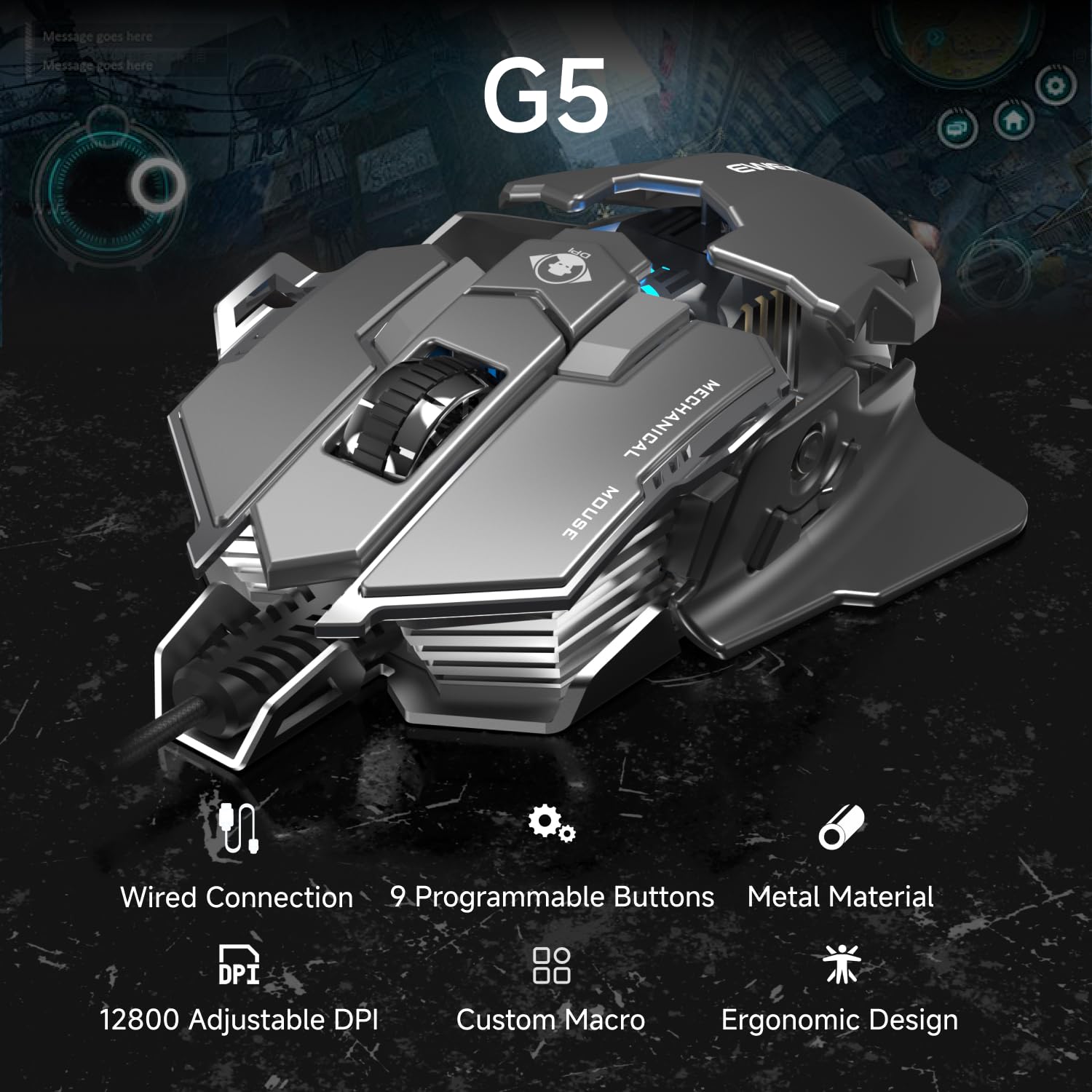 SEUNKWANG EWEADN G5 - Ratón para juegos con cable, ergonómico RGB, 12800 DPI ajustables, 9 botones macro programables con llave de disparo rápido compatible con PC/portátil/Windows-gris y blanco