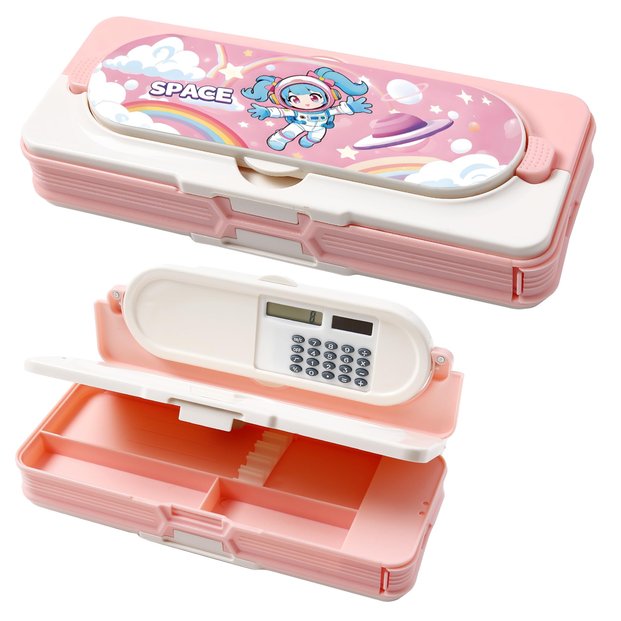 LilyBeauty Multifunctional Pencil Case for Girls, Plastic Pencil Box with Calculator, Sharpener and Drawer, Cute Cartoon Pen Box Organizer Stationery, Best Birthday Gifts for Kids Teens (Pink)