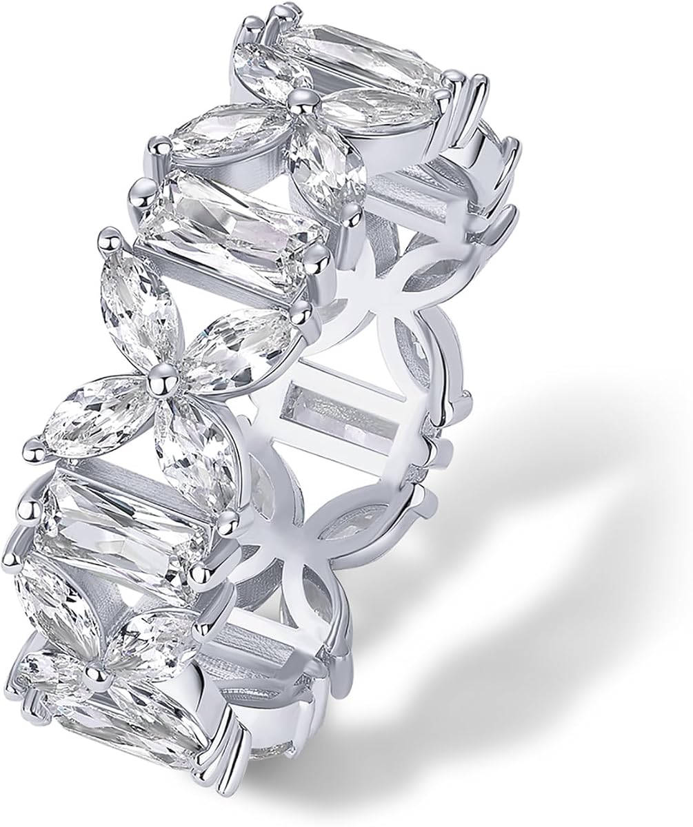 Anillos de eternidad de marquesa chapados en oro de 14 quilates para mujer, anillo de boda apilable grueso con circonita cúbica, alianzas de boda de oro con circonita cúbica baguette para mujer, joyería nupcial