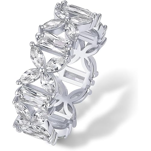 PAVOI 14K Gold Plated Marquise Eternity Rings for Women - Cubic Zirconia Chunky Stackable Wedding Ring - Statement Baguette CZ Gold Wedding Bands for Women - Promise Band Bridal Jewelry