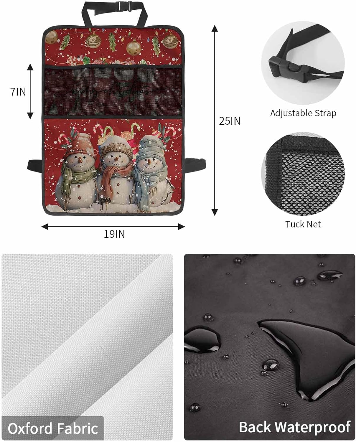 Car Seat Protector, 2 Pack Kick Mats with Organizer - 3 Pocket Storage, Christmas Cartoon Snowman with Christmas Stocking Back Seat Cover for Kids Universal Fit Automotive Interior Protectors