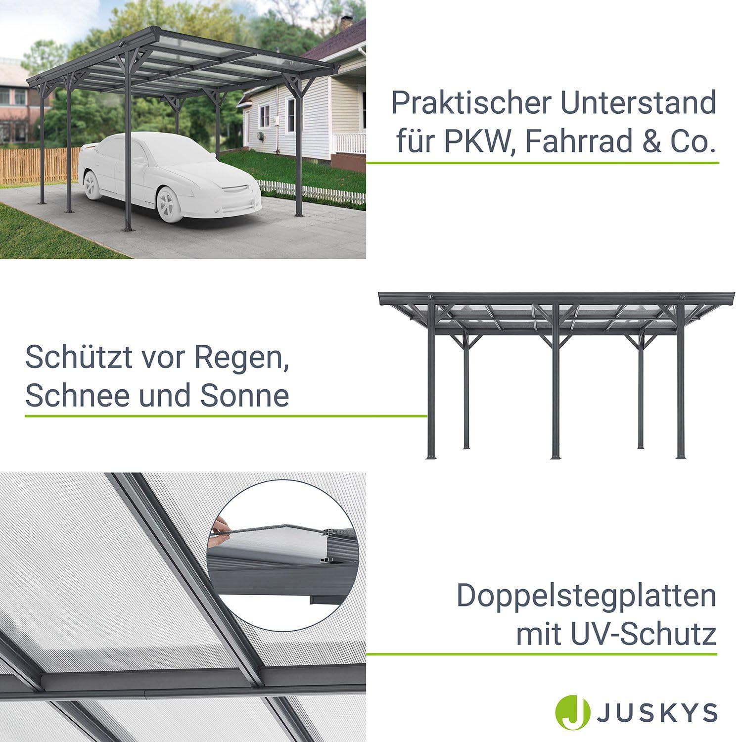 Juskys Carport mit Flachdach 5x3 m - Überdachung aus Aluminium mit Doppelstegplatten - Unterstand für Autos - freistehende Montage - Dunkelgrau