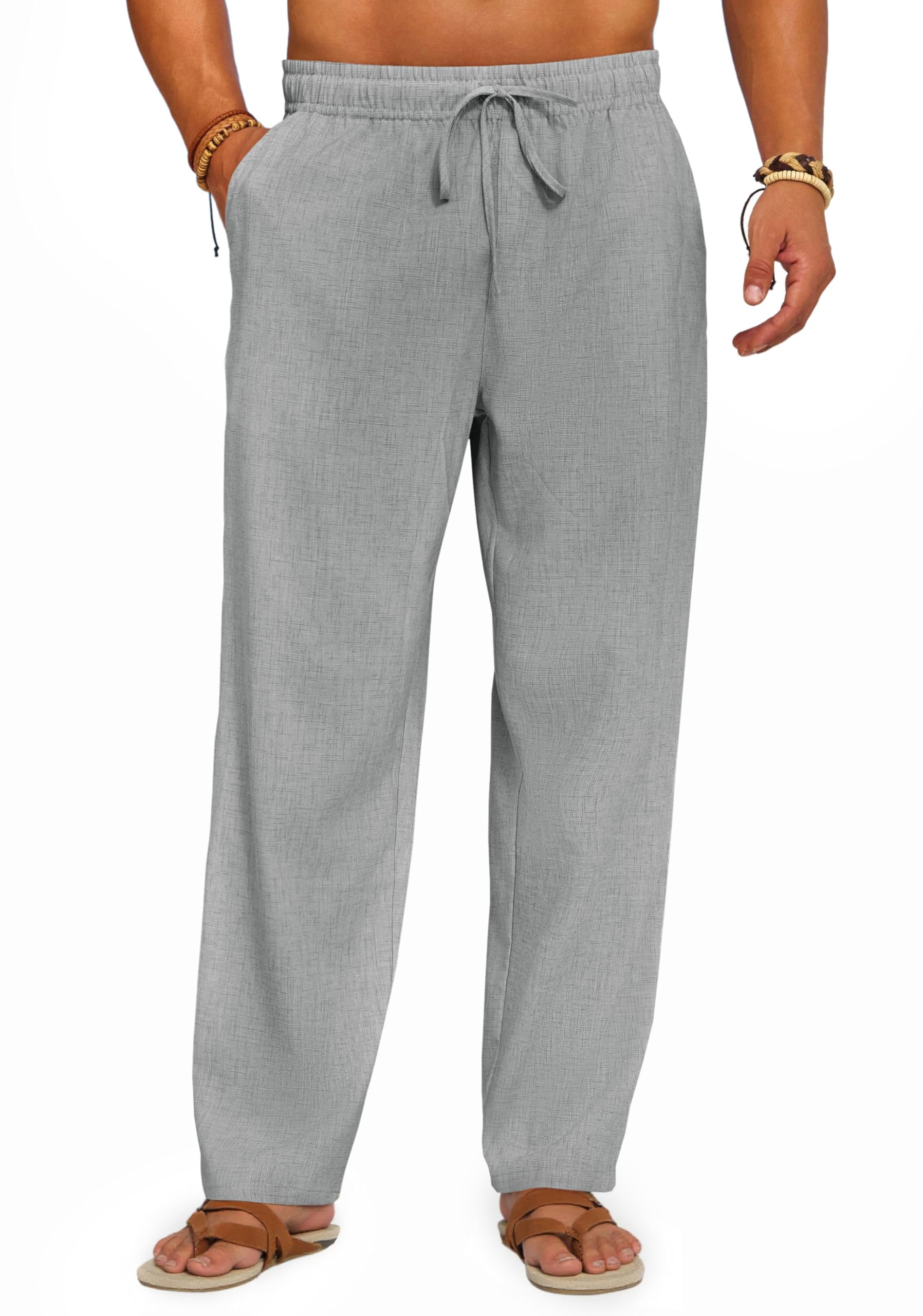 Runcati Mens Casual Linen Pants Elastic Waist Drawstring Summer Beach Pants Lightweight Loose Fit Yoga Trousers