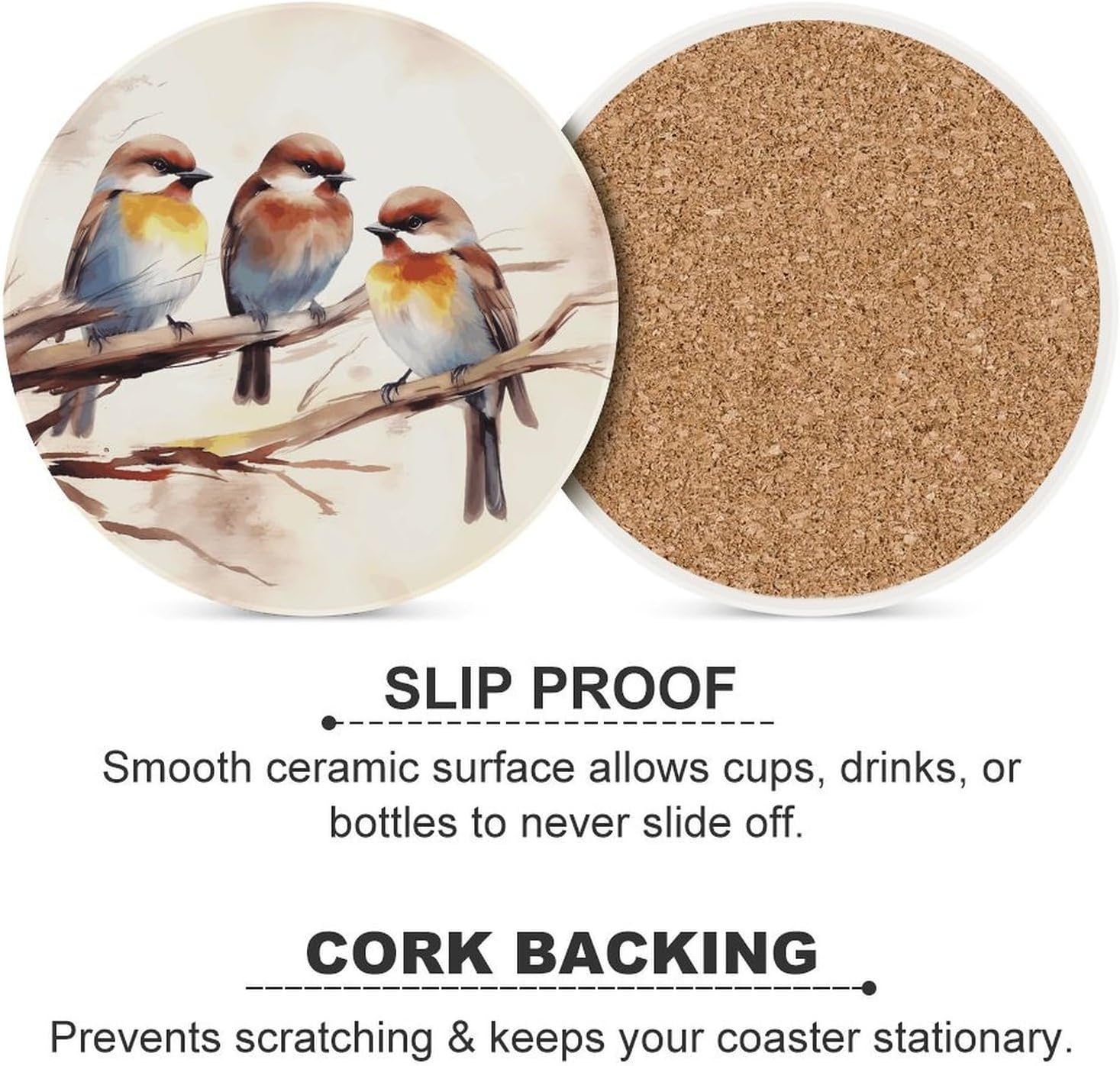 Birds Resting on Tree Branch Coaster with Cork Base Drink Coasters for Coffee Table Decor Modern Cup Coasters with Non-Slip & Heat-Resistant Cute Ceramic Table Coaster for Home Dining